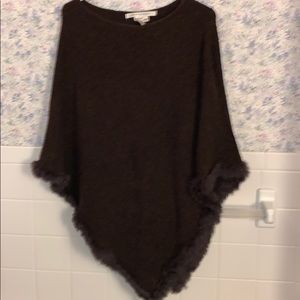 Max Studio, brown poncho w/ faux fur ball accents